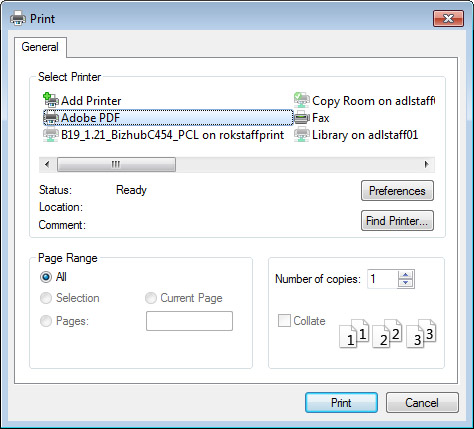 A print program displaying the selected Adobe PDF option to print