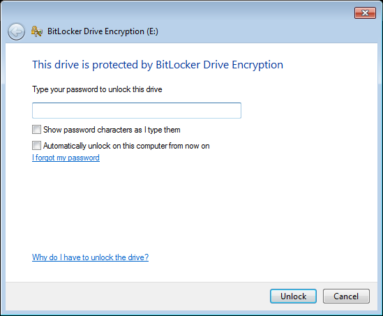 data encryption program pop up message informing you that this drive is protected by BitLocker Drive encryption with a enter password prompt below