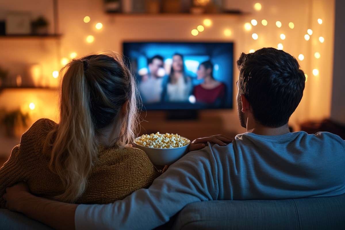 couple watching popcorn on couch while watching television