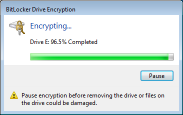 The installer model for BitLocker Drive Encryption setup showing the installation bar is 96.5% completed.