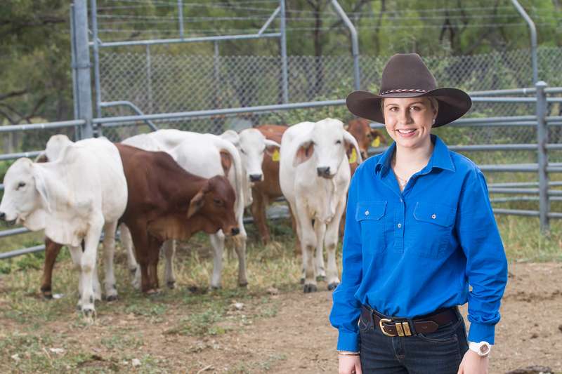 CQU agriculture student standing in cow pen with cows in the background..