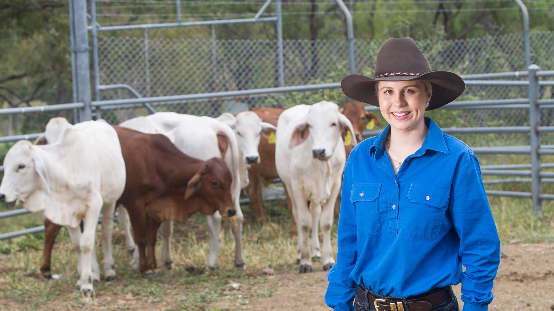 CQU agriculture student standing in cow pen with cows in the background..