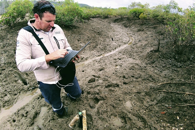 CMERC Researcher standing knee deep in mud checking research markers with a laptop