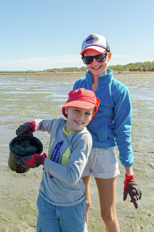 Researchers children with a bucket of seagrass flowers on the beach