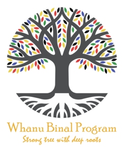 "Whanu Binal Program - Strong tree with deep roots" Logo of a tree with long roots and colourful leaves