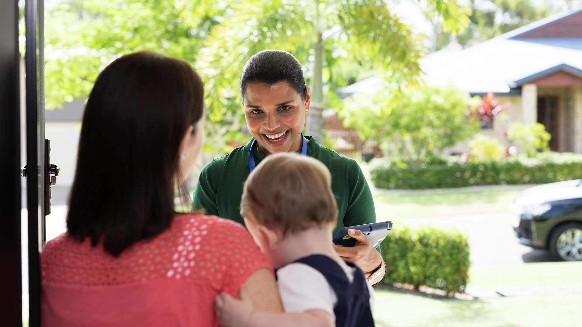 A CQU Health Care student visits a home whilst undertaking placement studies to offer support to a new mum