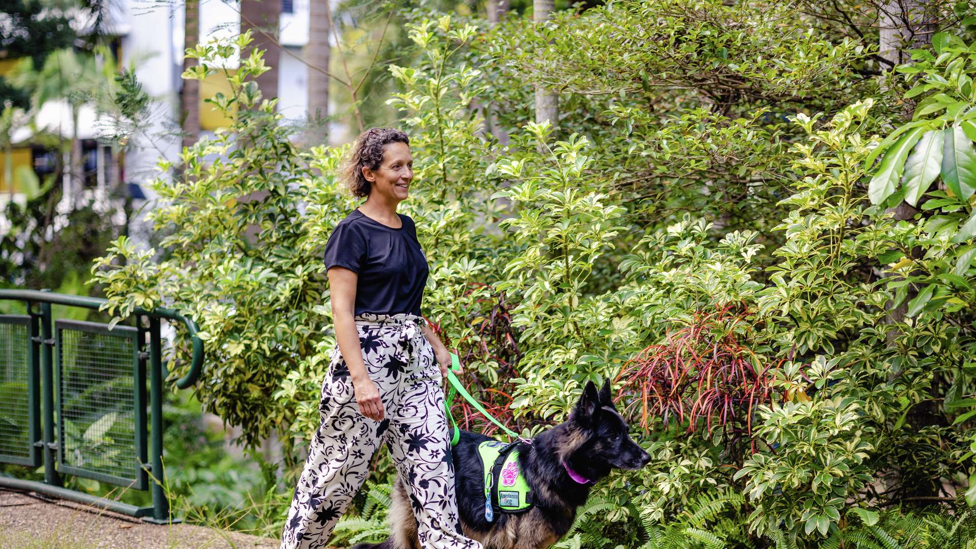 A CQU staff member walks through campus with a support dog.