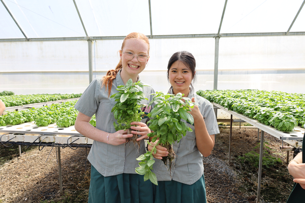 Two secondary school students in green uniforms stand in a greenhouse, holding leafy plants.