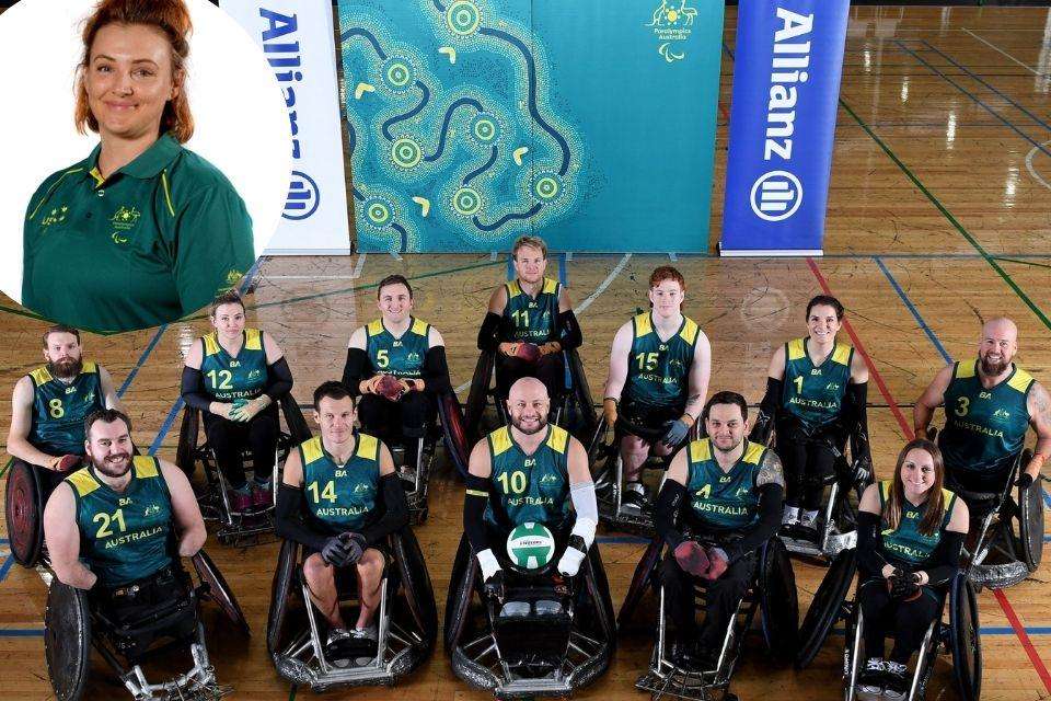 Australia's wheelchair rubgy team members line up on an indoor court, and in inset photo Shae Graeme wears green and gold.