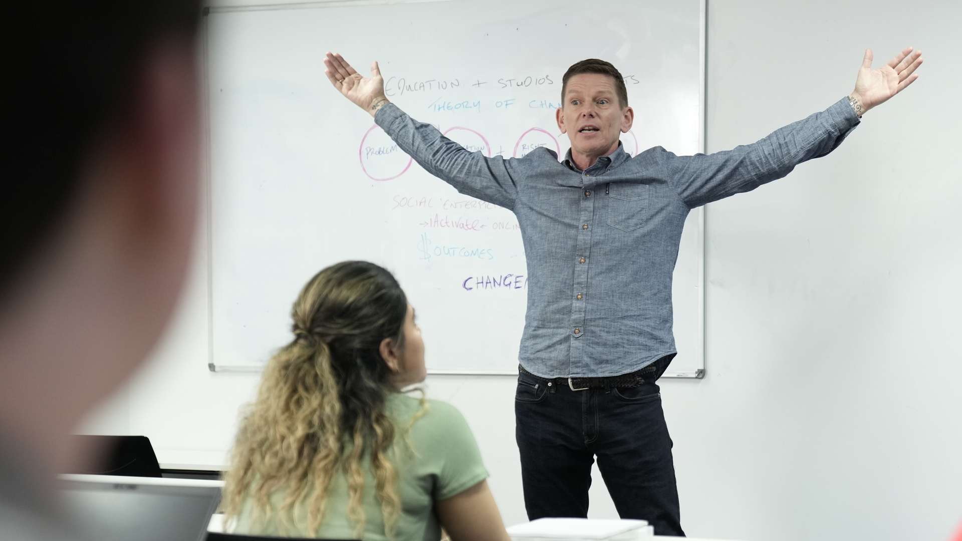 A CQU tutor on the Brisbane campus, teaching students that are actively listening.