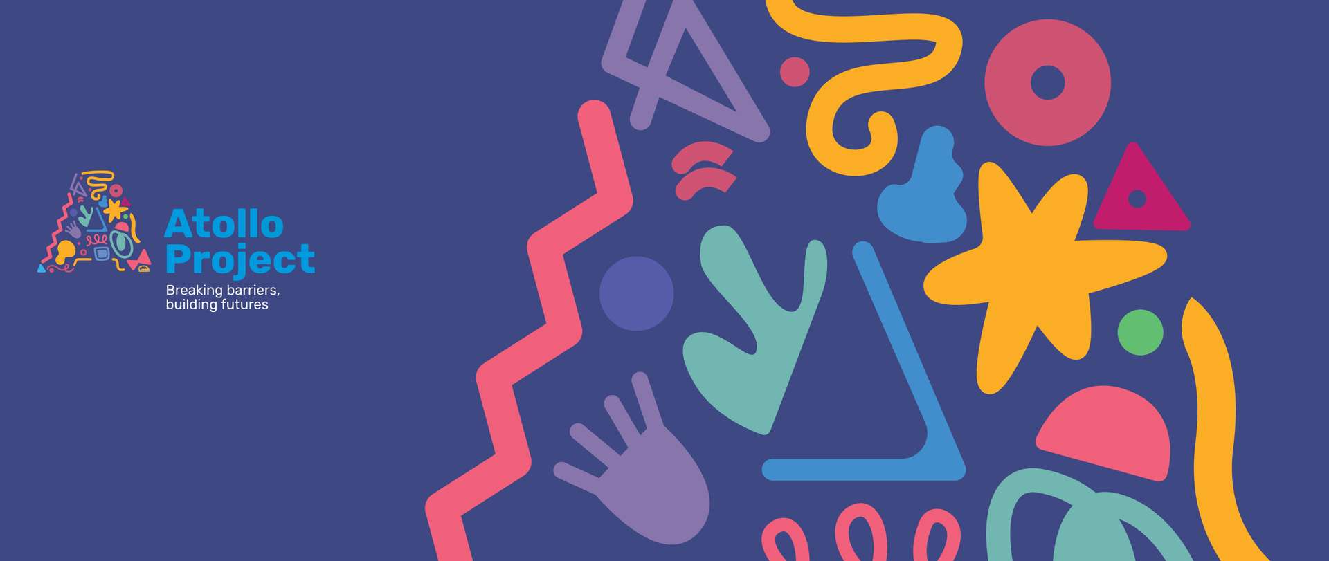 Close up of large letter A made out of colourful squiggles and shapes with Atollo logo and European Union flag
