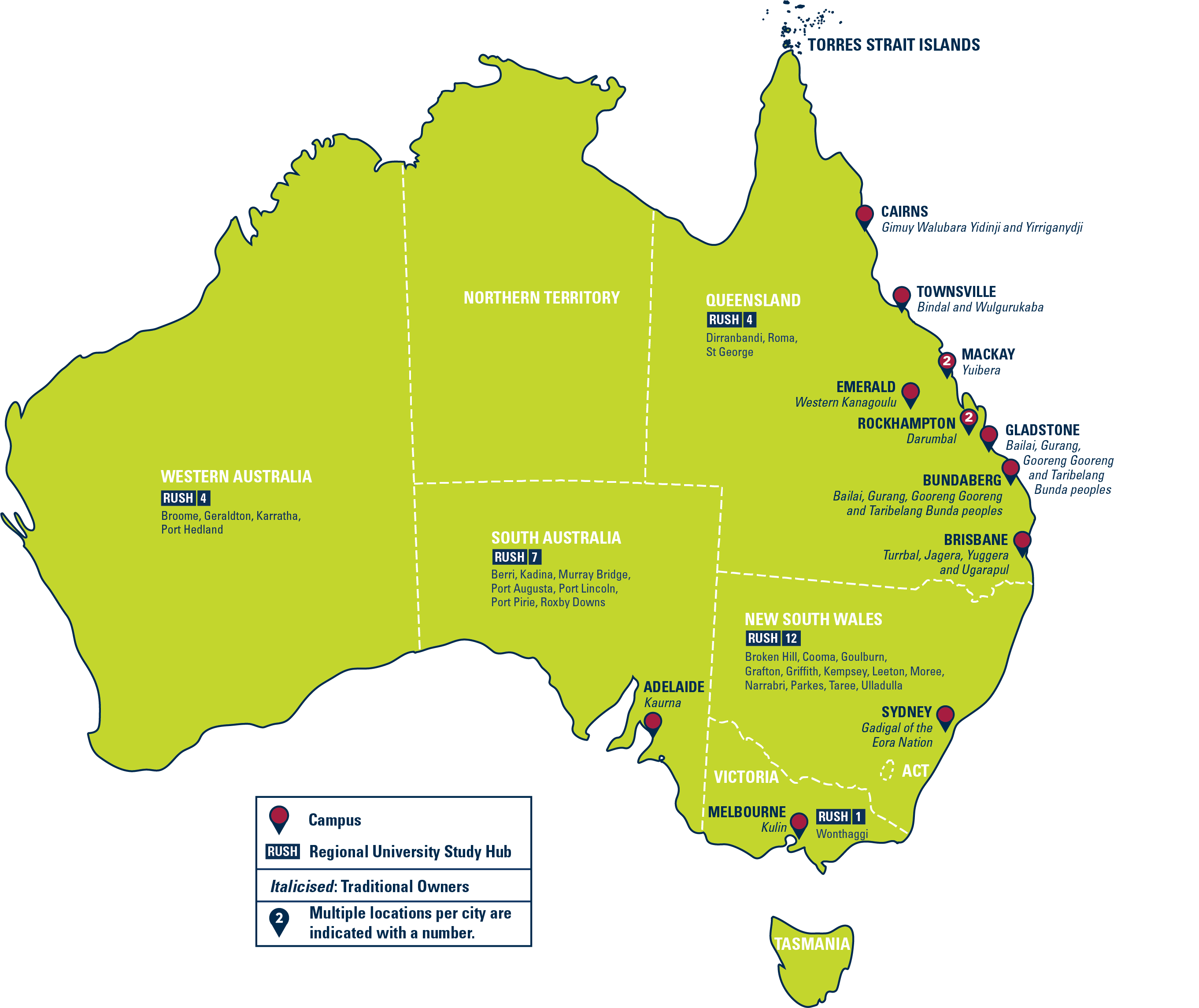 Map of Australia showing CQUniversity campus locations with traditional names