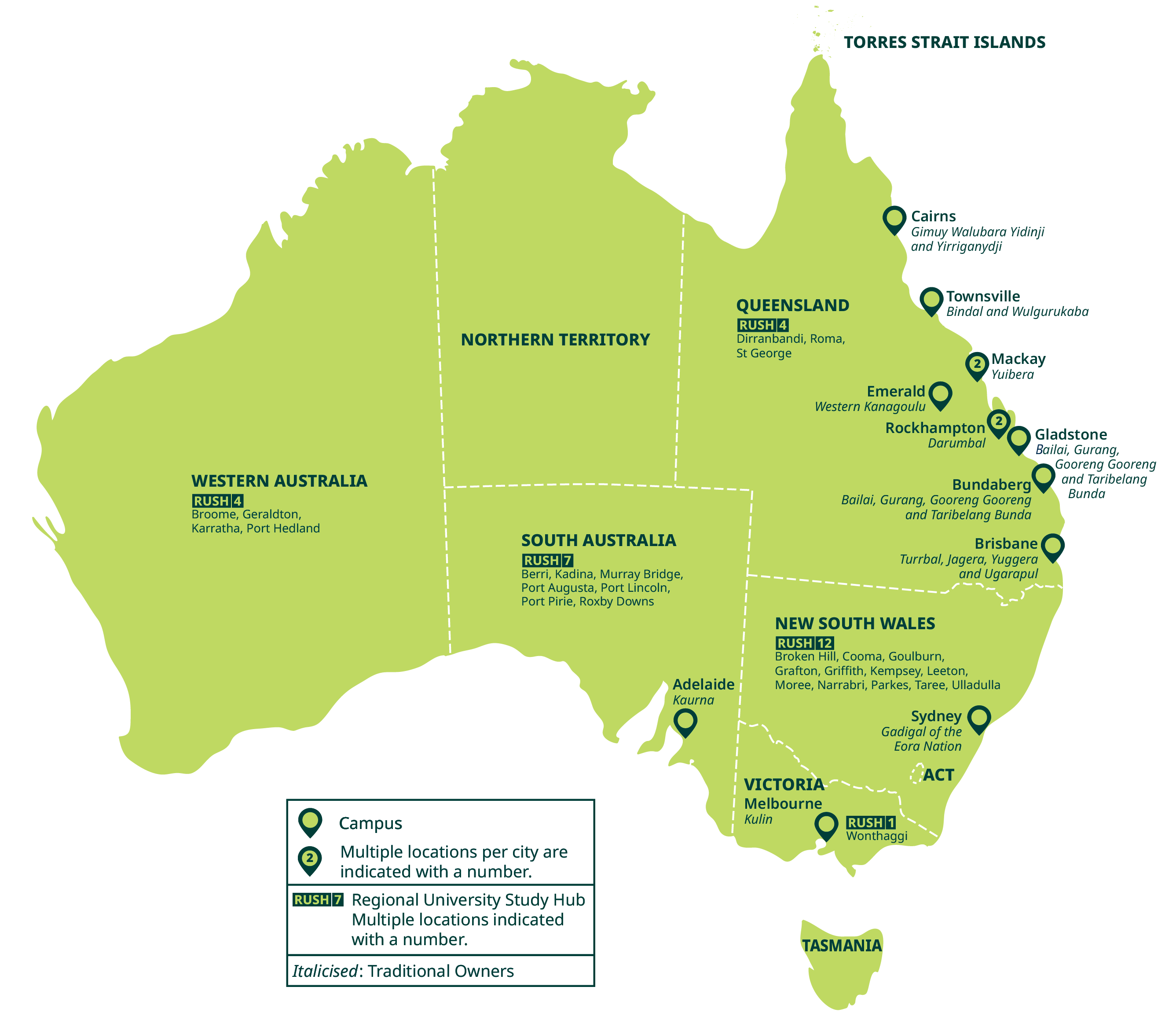 Map of Australia showing CQUniversity campus locations with traditional names
