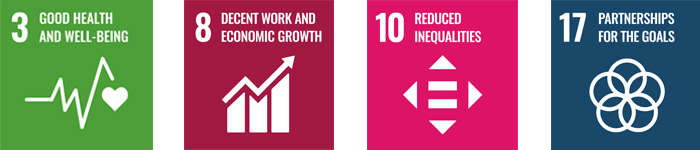 Sustainable Development Goal Logos for 3 Good Health and Wellbeing, 8 Decent Work and Economic Growth, 10 Reduced Inequalities and 17 Partnerships for the Goals