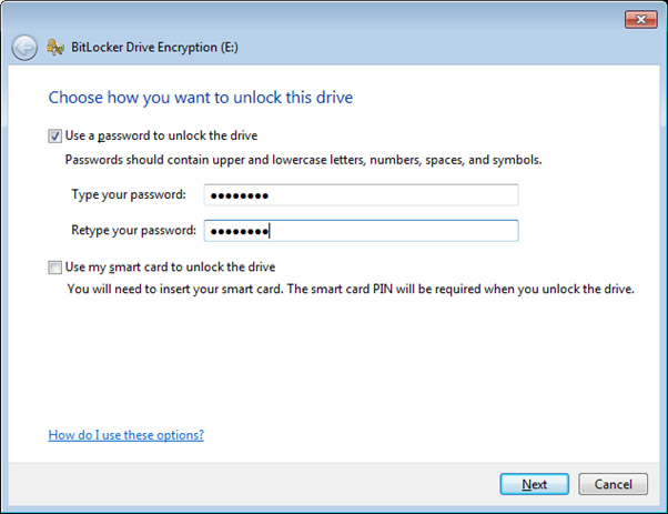 BitLocker Drive Encryption window where asks you to type your password to unlock the drive