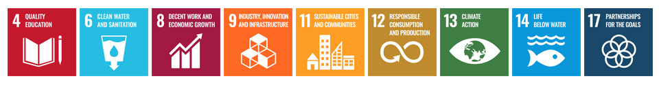 Sustainable Development Goal Icons, 4 Quality Education, 6 Clean Water and Sanitation, 8 Decent Work and Economic Growth, 9 Indistry, Innovation and Infrastructure, 11 Sustainable Cities and Communities, 12 Responsible Consumption and Production, 13 Climate Action, 14 Life Below Water and 17 Partnerships for the Goals