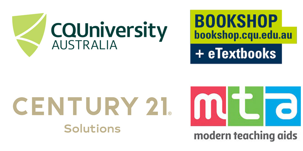 CQUniversity logo, CQU Bookshop logo, Century 21 Solutions logo and Modern Teaching Aids logo