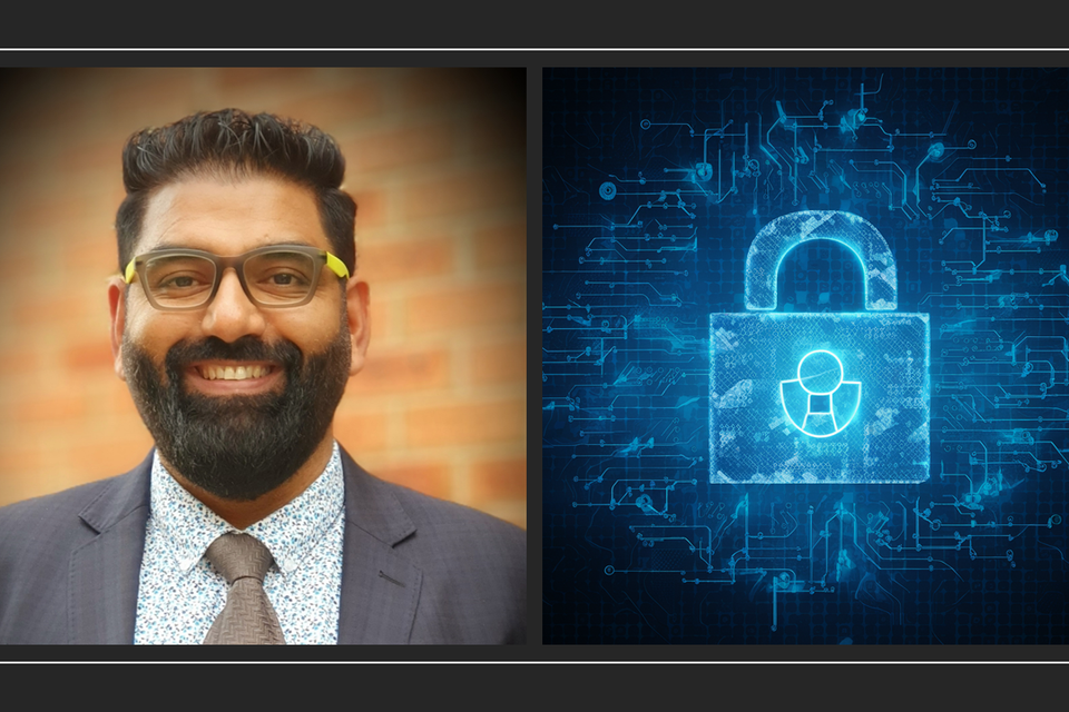 Ritesh smiling at the camera with a picture of a lock made out of digital circuits next to him
