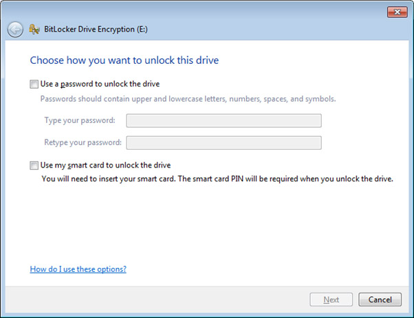 BitLocker Drive Encryption program where asks to choose between using a password or a smart card to unlock the drive