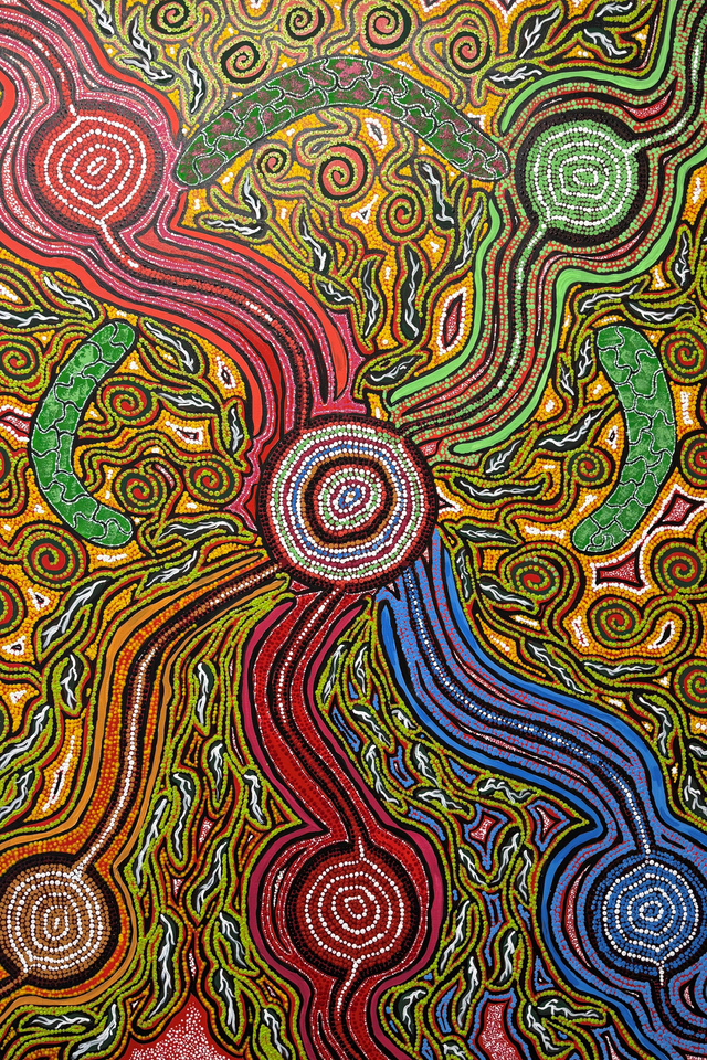 Colourful Indigenous artwork called Idiwirra Nung Ulamai by Fiona Wirrer-George (Oochunyung)