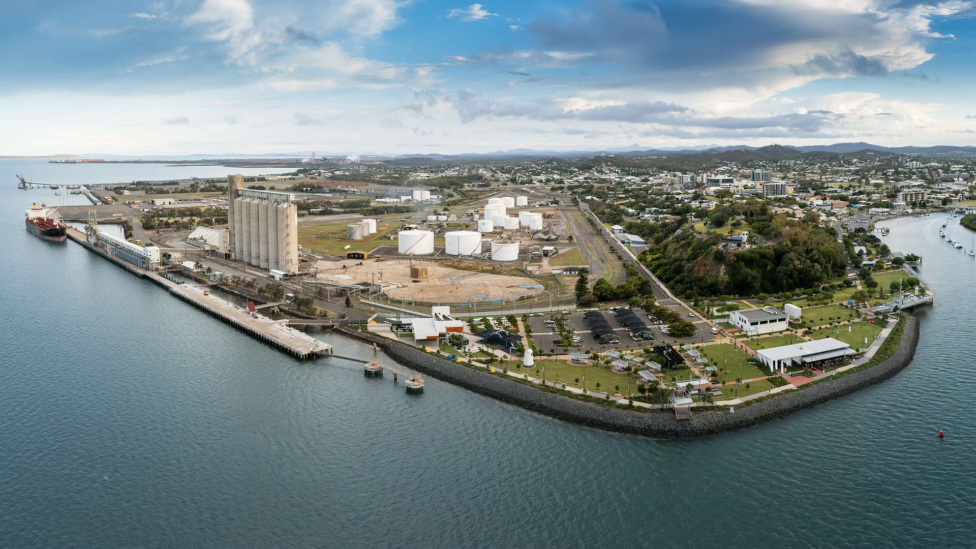 Aerial panoramic dusk view of Gladstone town and port in Queensland Australia