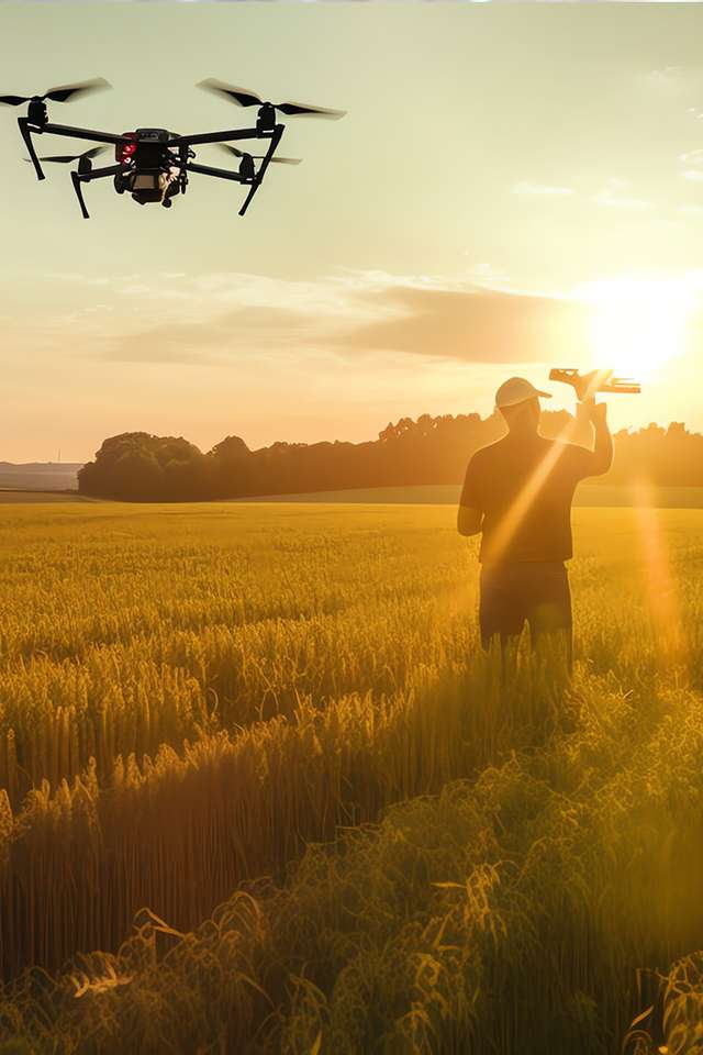 A farmer flying a drone over their crops at sunset