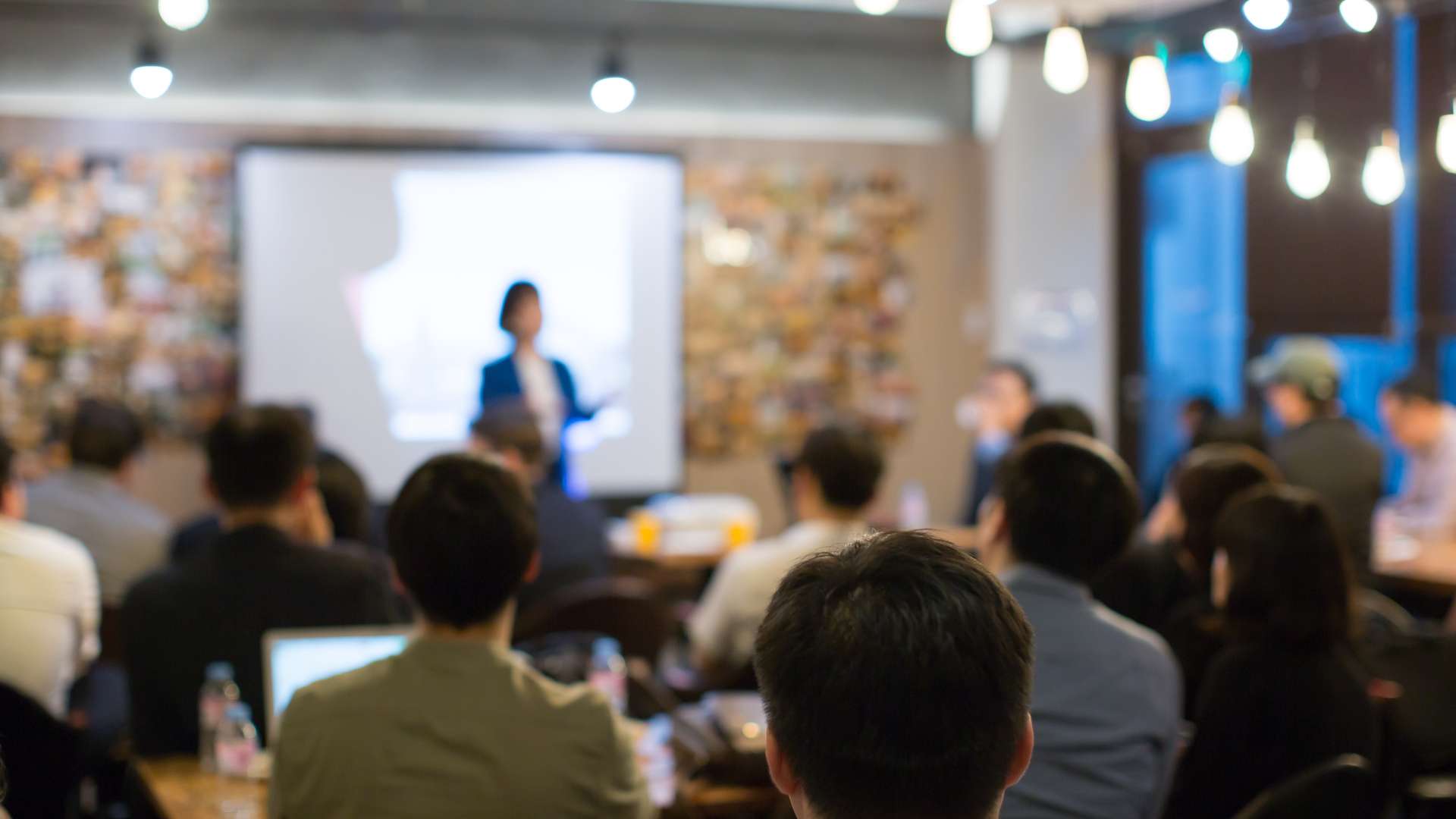 Lady presenting to a crowd of people