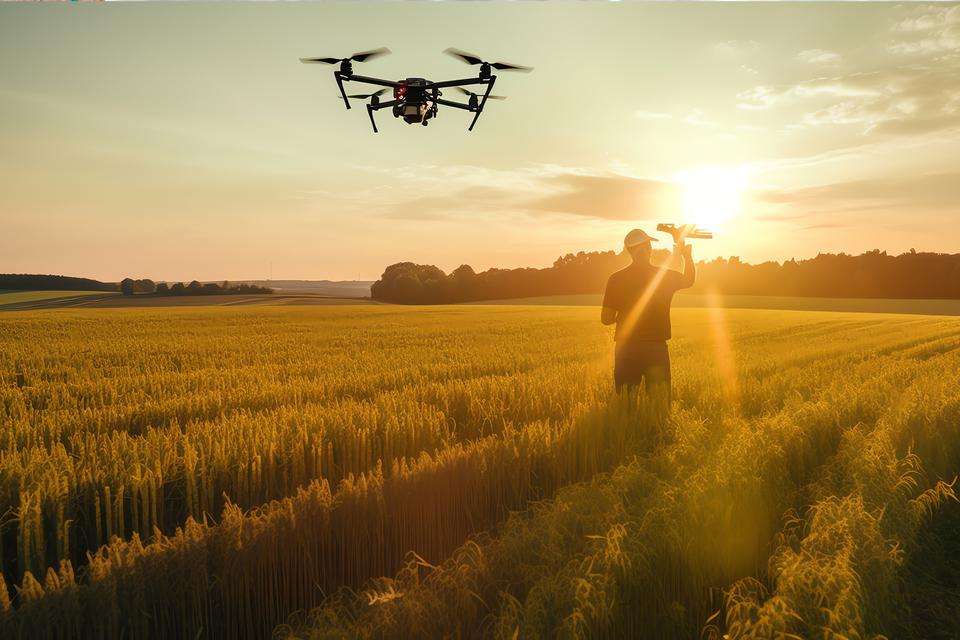 A farmer flying a drone over their crops at sunset