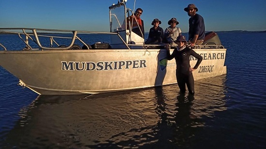 Researchers standing in and around a boat in the Gladstone Harbour