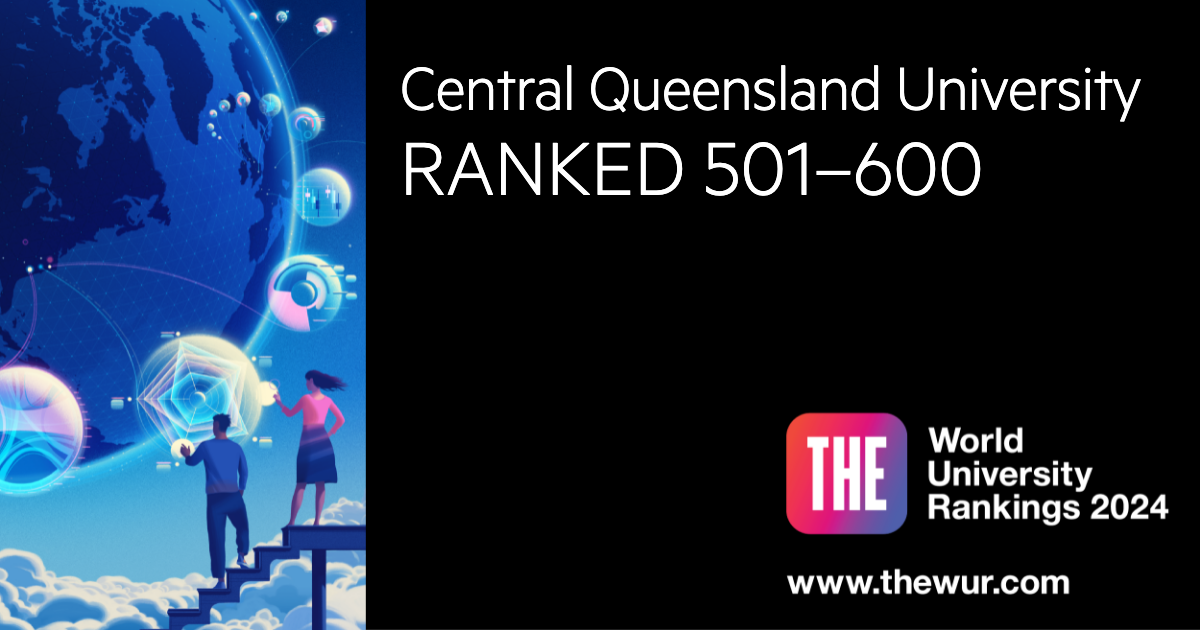 Decorative graphic showcasing the CQU THE World University Ranking in the 501-600 band