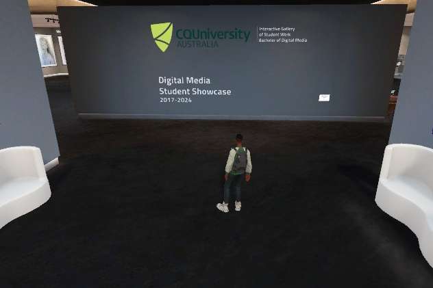 Animated man standing in a digital gallery