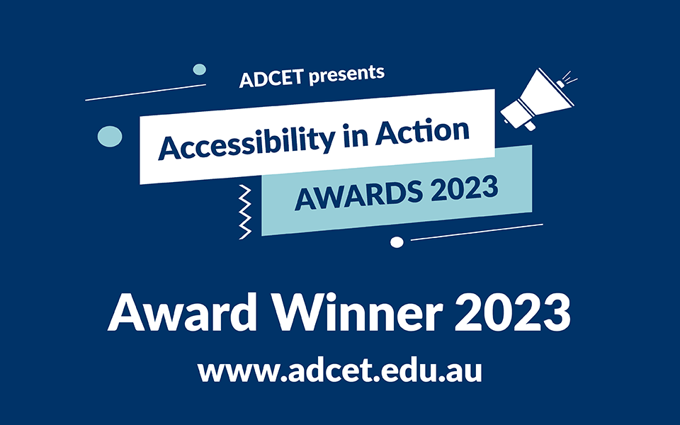 Decorative promotional artwork for the ADCET awards 2023. Artwork is dark blue with Award Winner 2023 written across it.