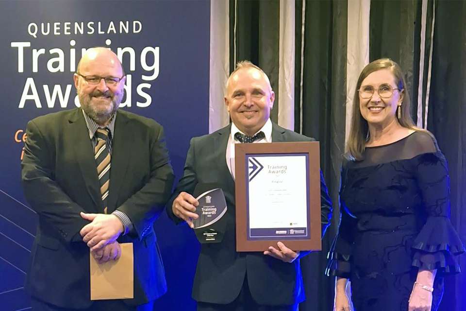 CQU Metal Fabication Teacher Andrew Abbas (centre), Member for Rockhampton Donna Kirkland (right) and (left) Chris Le Prou, Department of Trade, Employment and Training (DTET)