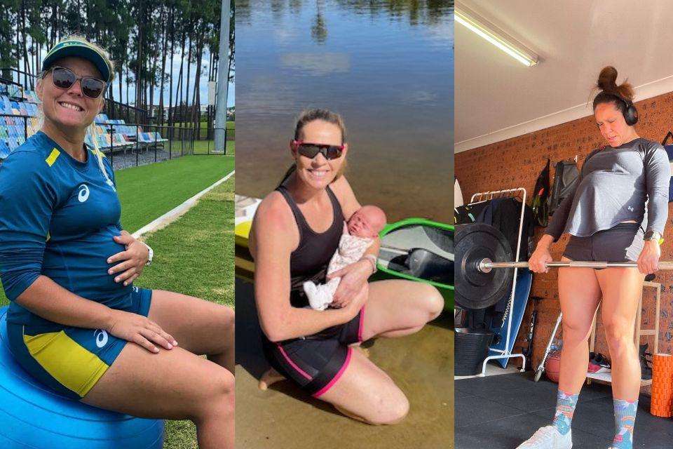 Three photos of Australian athletes, including pregnant Lucy Lockhard sitting on a yoga ball, Alyce Wood holding her baby sitting in front of kayak, and pregnant Noella Green deadlifting weights at eight months pregnant.