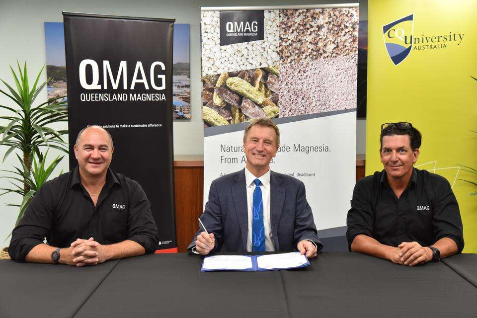 Brendon Pambid, Professor Nick Klomp and Christoph Beyer at the signing of joint Memorandum of Understanding between QMAG and CQU