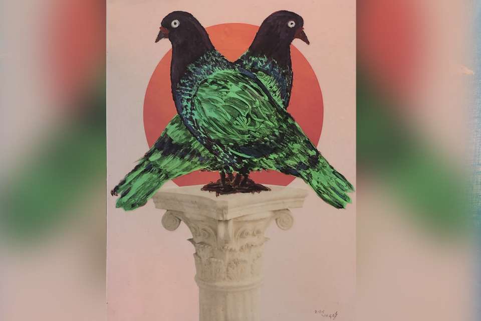 Image of painting of two green pigeons seated atop a stone plinth with a red circle behind