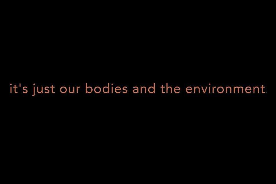 A screenshot of text on black screen that says it's just our bodies and the environment