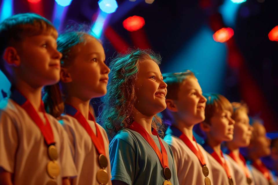 children in a line with medals around their neck with coloured lights in the background.jpeg