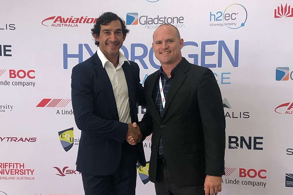Skytrans part owner and former North Queensland Cowboys star Johnathan Thurston with CQUniversity Associate Vice President of the Gladstone region, Luke Sinclair
