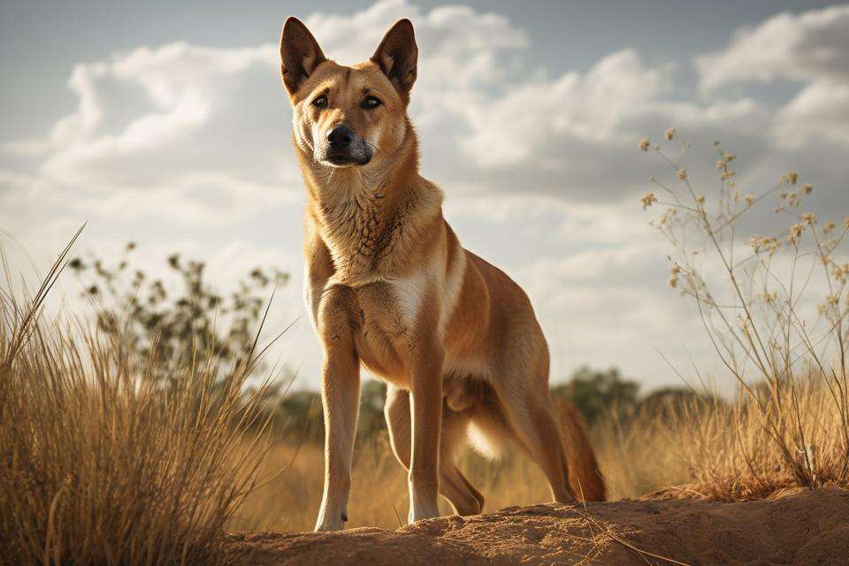 Dingo in the forefront of an Australian nature background