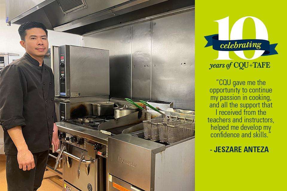 Image of an asian man in a kitchen with a graphic depicting a 10 years anniversary graphic and quote
