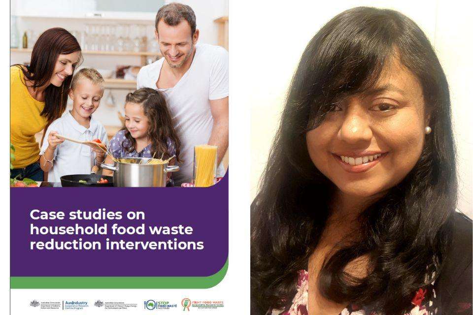 A composite image shows a family preparing food on the cover of a report titled Case studies on household food waste reduction interventions, alongside a headshot of a smiling woman with black hair.