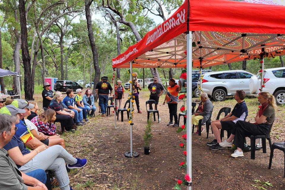 Aunty Sally addressing the crowd before walking to the massacre site and sacred traditional welcome