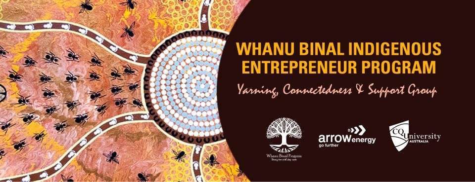 Promotional artwork for Whanu Binal program featuring Indigenous artwork of ants walking towards a watering hole. On the right side of the image there is text that reads 