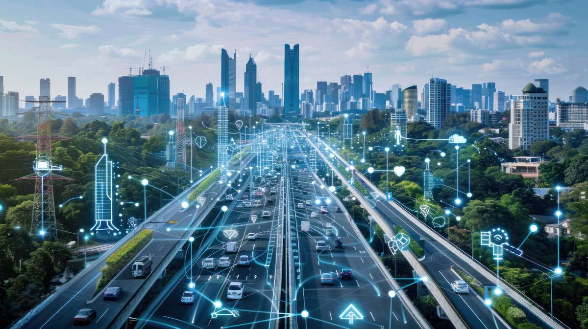 a city landscape with computer blueprints overlayed