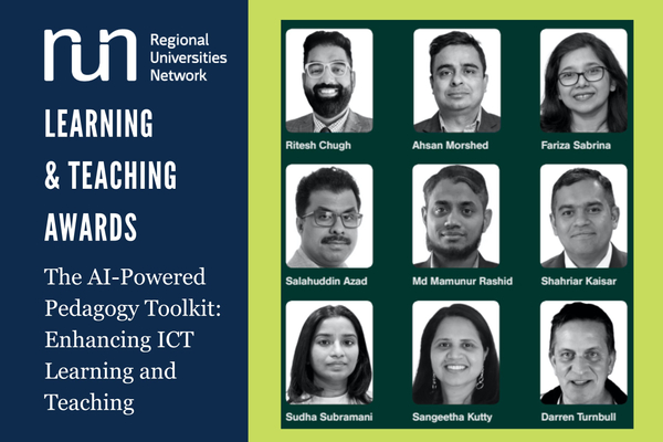 Text on left reads Learning &amp; Teaching Awards, The AI-Powered Pedagogy Toolkit, nine people are pictured in black and white headshot photos next to the text.