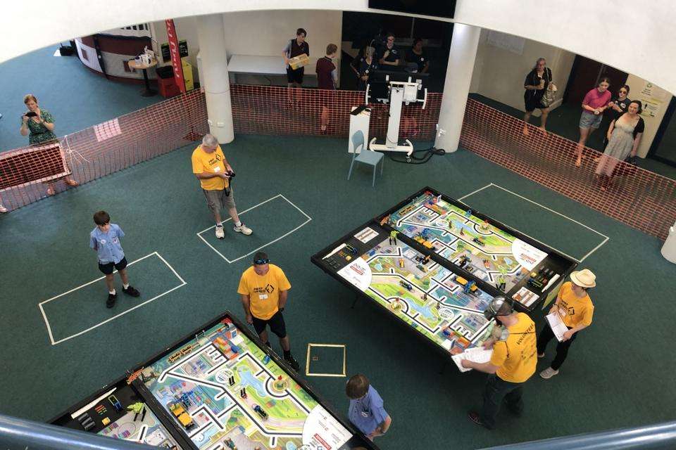 An aerial view of the competition space in Gladstone for the First Lego League tournament