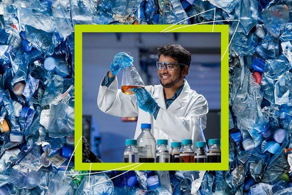 An imagine of plastic waste overlayed with a framed image of Dr Mohammed Jahirul Islam holding fuel made from plastic in a beaker.