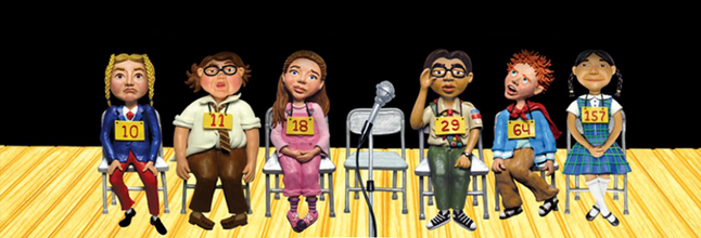 An illustration of children sitting on seats on a stage ready to participate in a spelling bee, each child wears a different number around their neck.