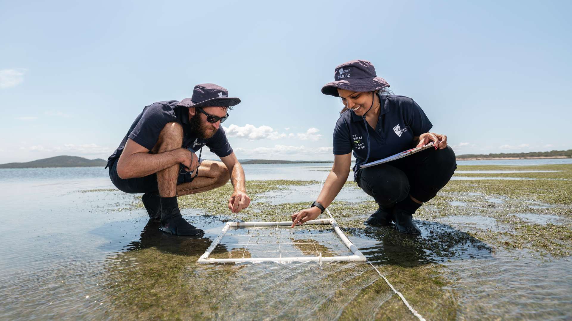 Two CQU research students collecting seagrass data in shallow water under a clear blue sky